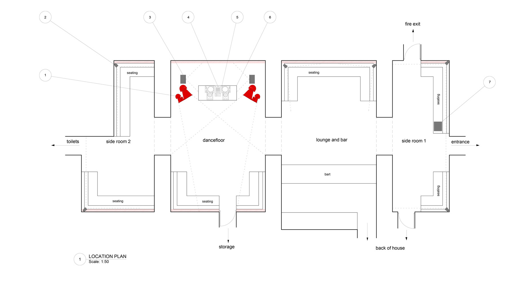 CAD dancefloor plan — technical drawing at 1:50 scale