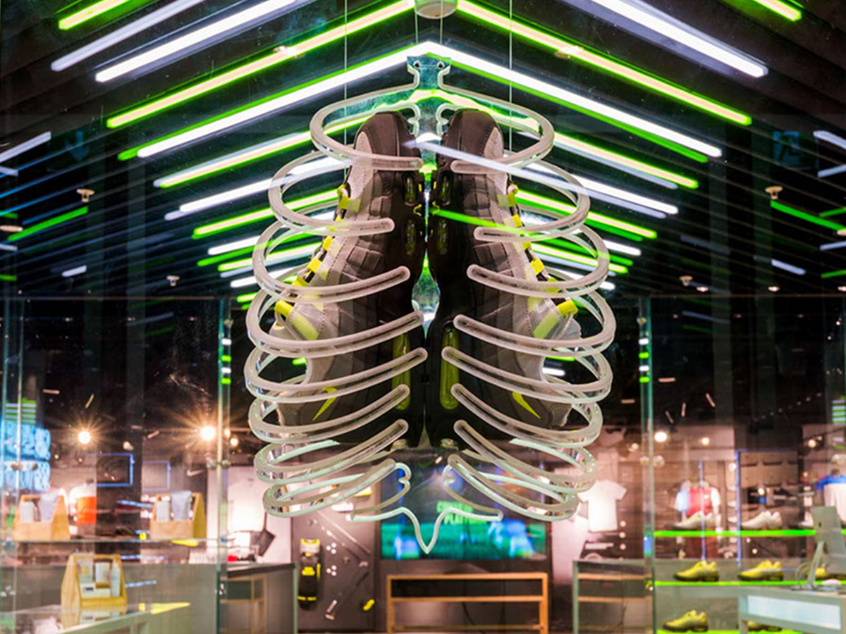 Nike Air Max retail installation — suspended acrylic rib cage, Niketown London 2017